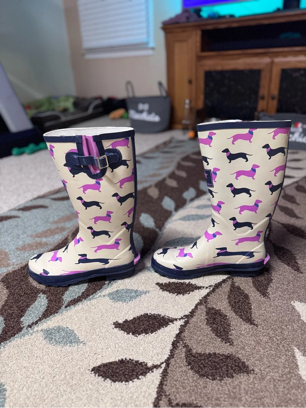 Dachshund Dog Print Rain Boots Womens 10 Cream Pink Rubber Wellington